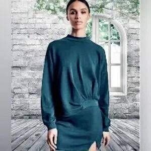Lanston Mock Neck Cropped Twist Front Sweatshirt Dark Teal Size S